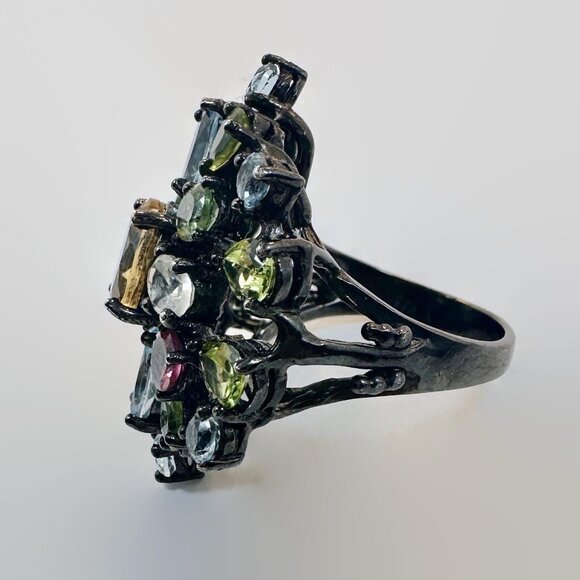 Gemstone Ring, Sterling Silver, Blue Topaz, Peridot, Citrine, Tourmaline - Picture 7 of 8